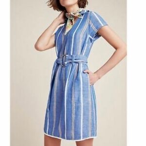Anthropologie Pilcro Letterpress Blue Belted Linen Striped Dress